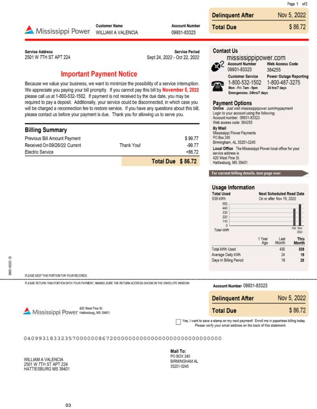 Editable Power Mississippi electric bill sample 2025