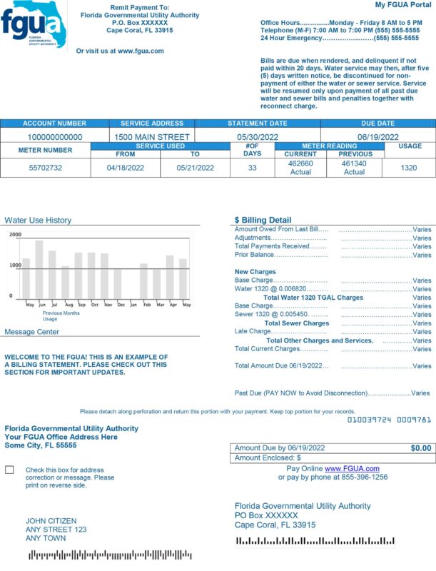 FGUA Florida water bill template 2025