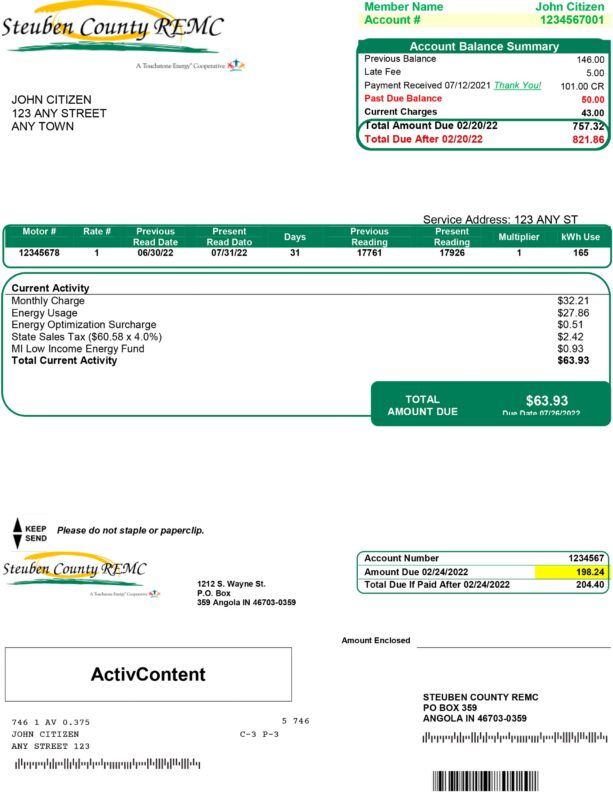 Editable Steuben County REMC Indiana energy bill template – utility sample file