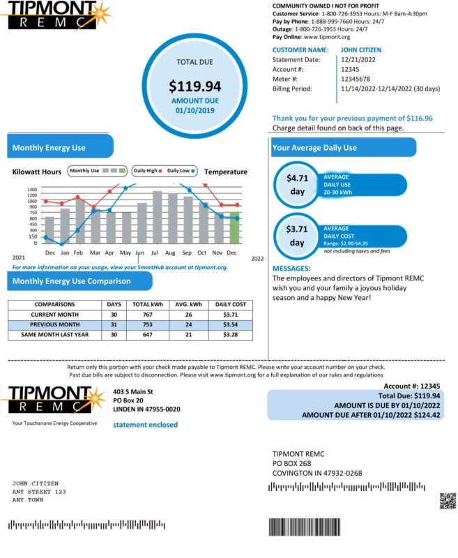 TIPMONT REMC Indiana electric utility bill sample – editable proof document