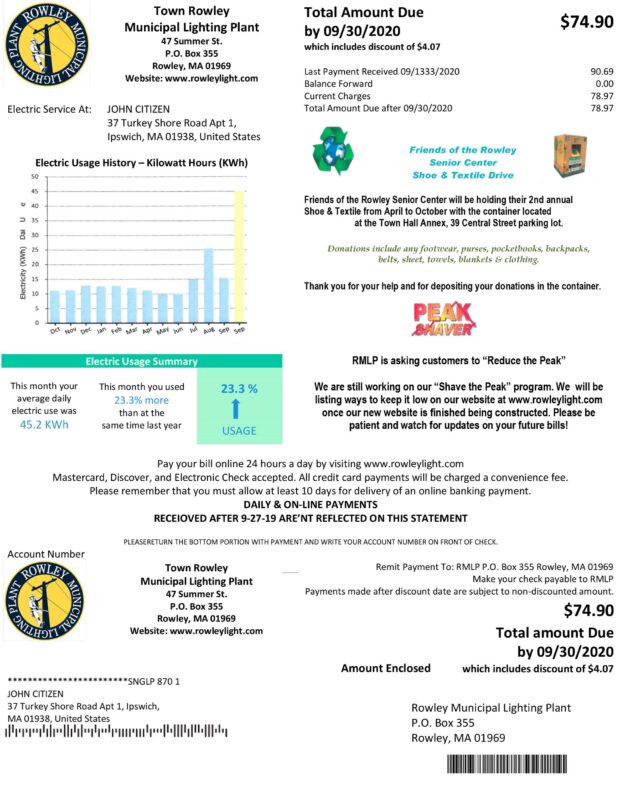 Rowley Municipal Lighting Plant Massachusetts utility bill sample editable for verification and training