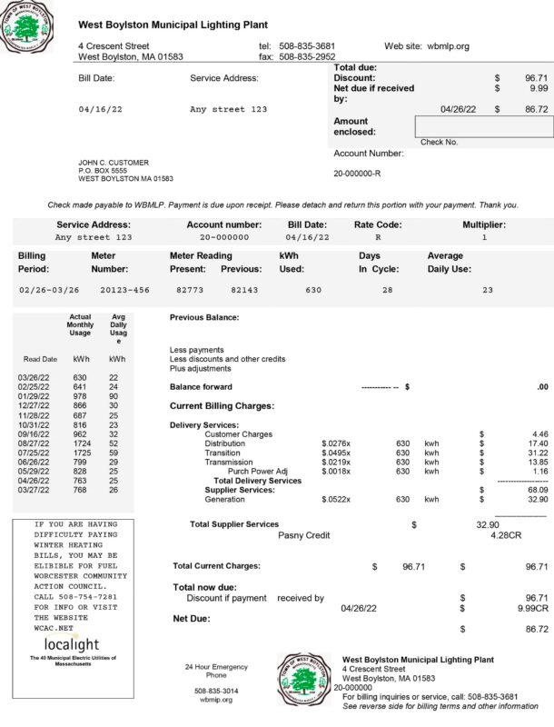 Realistic West Boylston electric bill sample template from Massachusetts for simulation and validation use