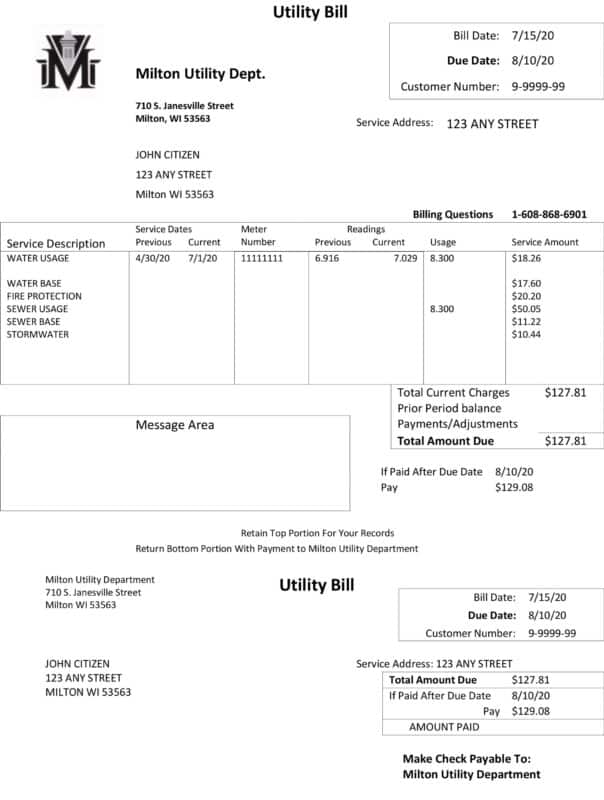 Mock Milton Utility Dept bill Massachusetts water sewer utility template sample for compliance simulation and document preview