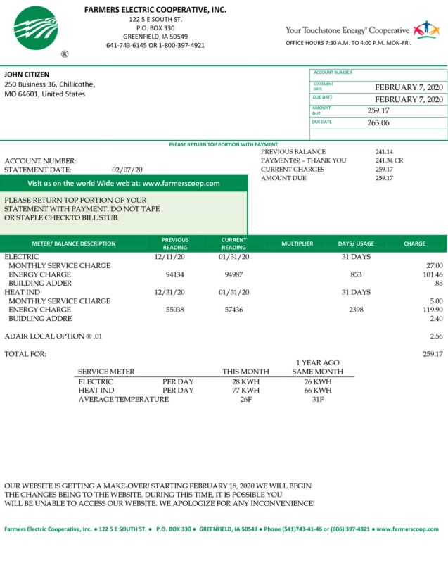 Farmers Electric Cooperative Utility Bill Template Ohio 2025