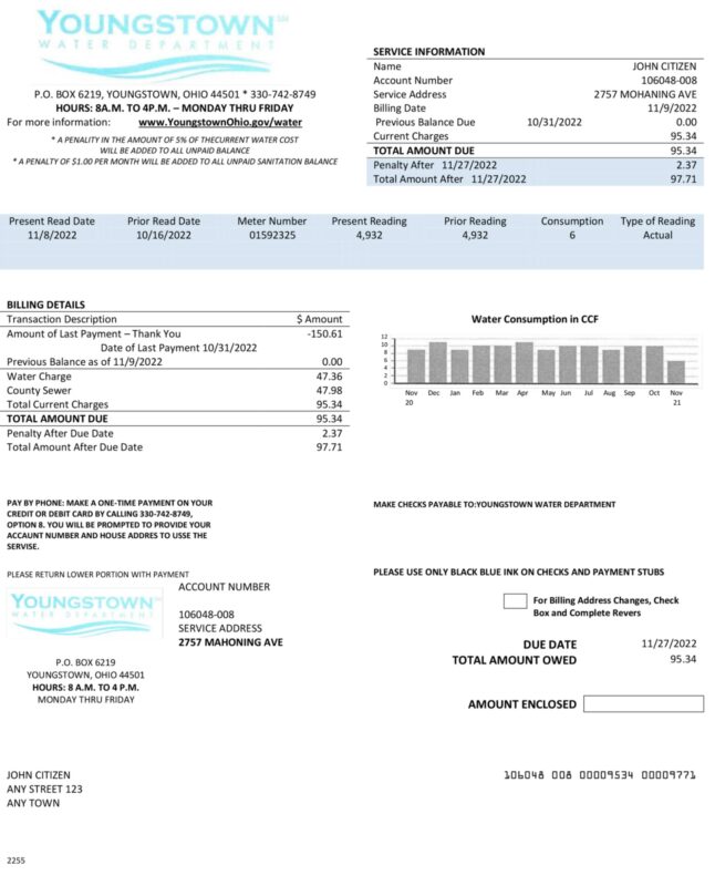 Youngstown Utility Bill Template Ohio 2025