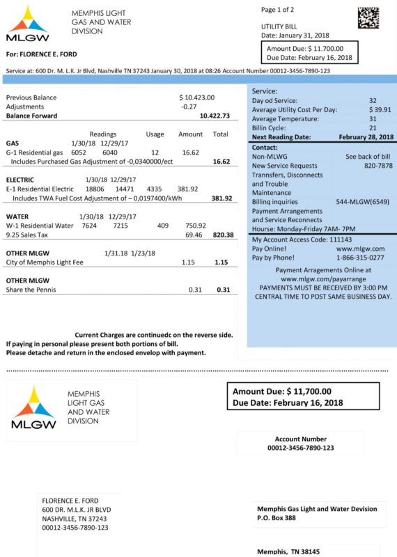 Editable MLGW Utility Bill – Tennessee Water Electric Gas Template 2025