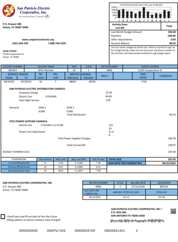Editable San Patricio Electric Cooperative Bill – Texas Template PDF 2025