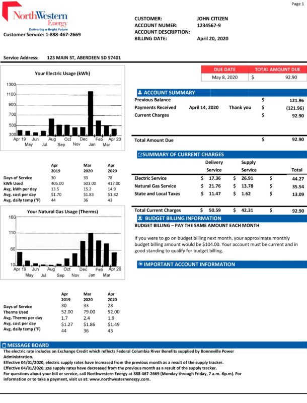 Editable NorthWestern Energy Utility Bill – South Dakota Electric and Gas Template 2025
