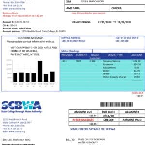 Editable SCBWA Water Bill Template – Pennsylvania Utility 2025