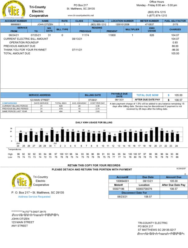 Editable Tri-County Electric Cooperative Utility Bill Template – South Carolina Electric Sample 2025