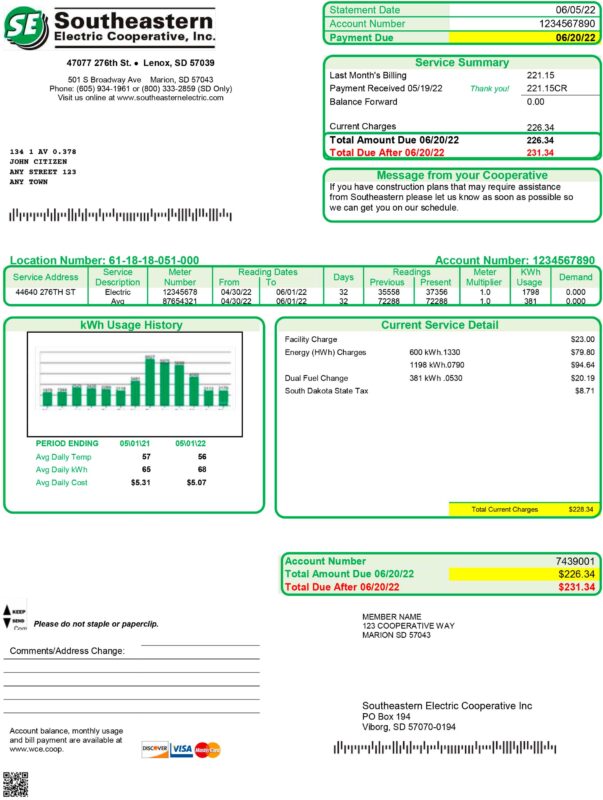 Editable Southeastern Electric Cooperative Utility Bill – South Dakota Electric 2025
