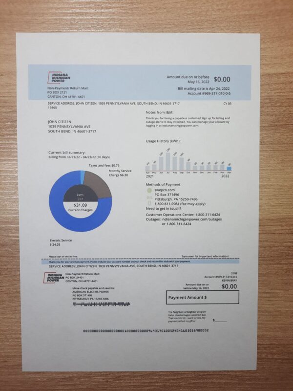 AEP Michigan electric bill template mock statement editable 2025 sample for verification purposes