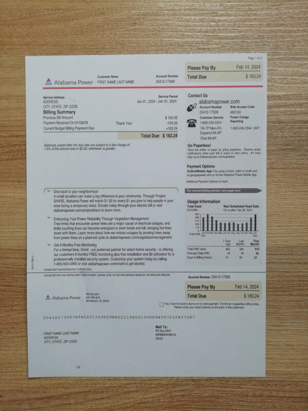 Editable Alabama Power Electric Bill Sample