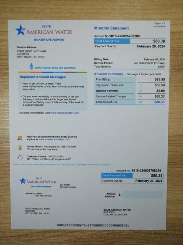 Editable American Water Maryland utility bill sample – realistic 2025 template