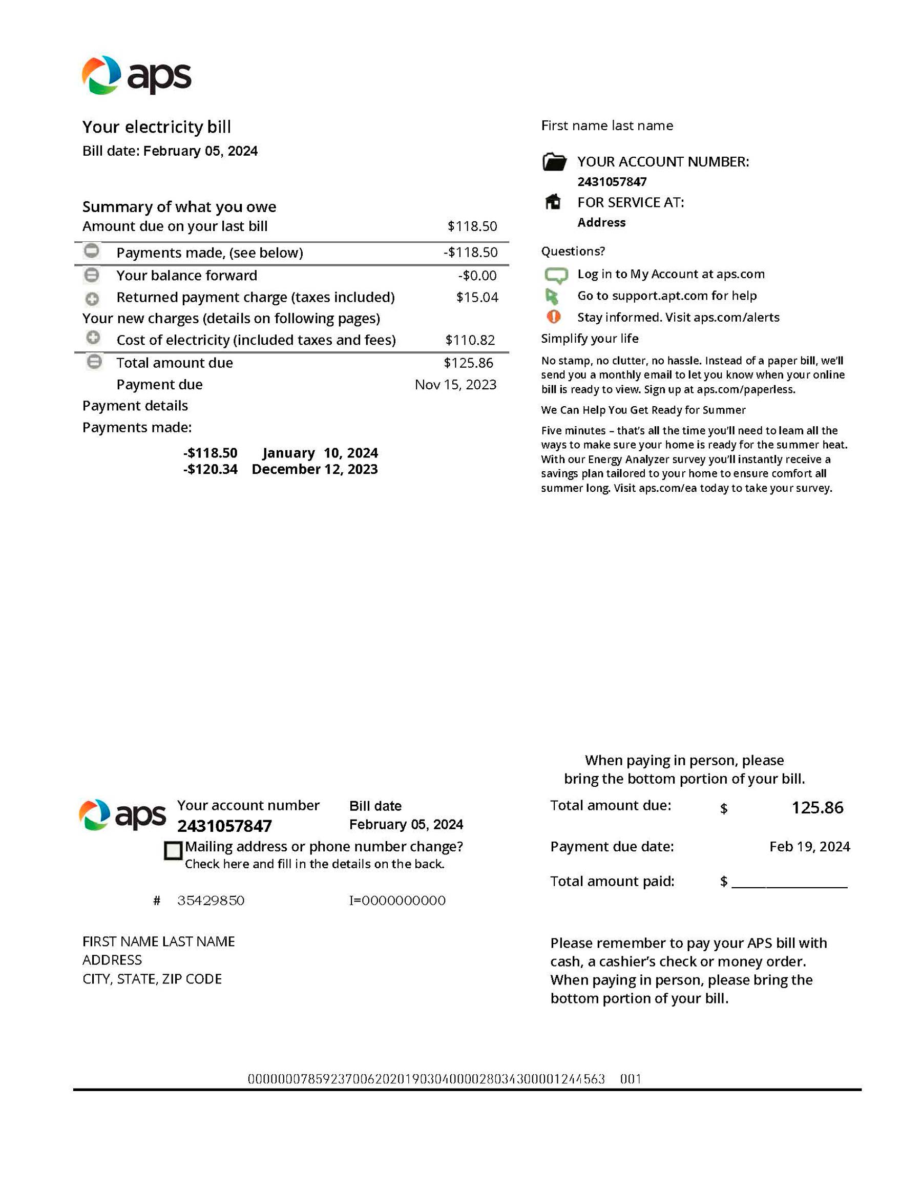 APS Arizona energy bill template – realistic electricity statement PDF mockup