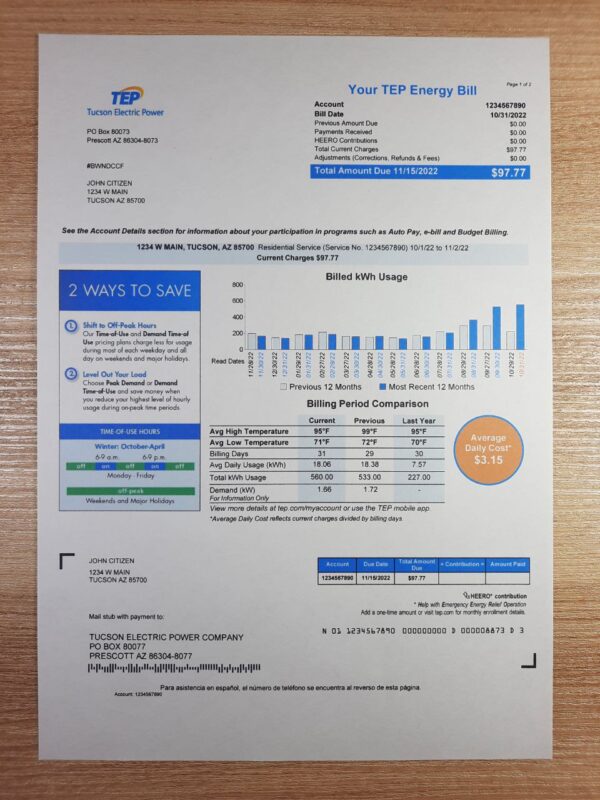 TEP Arizona energy utility bill sample – editable proof document 2025 format