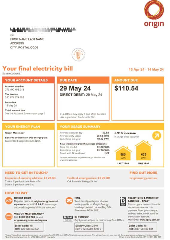 Origin electricity bill template – editable Australia utility file sample 2025