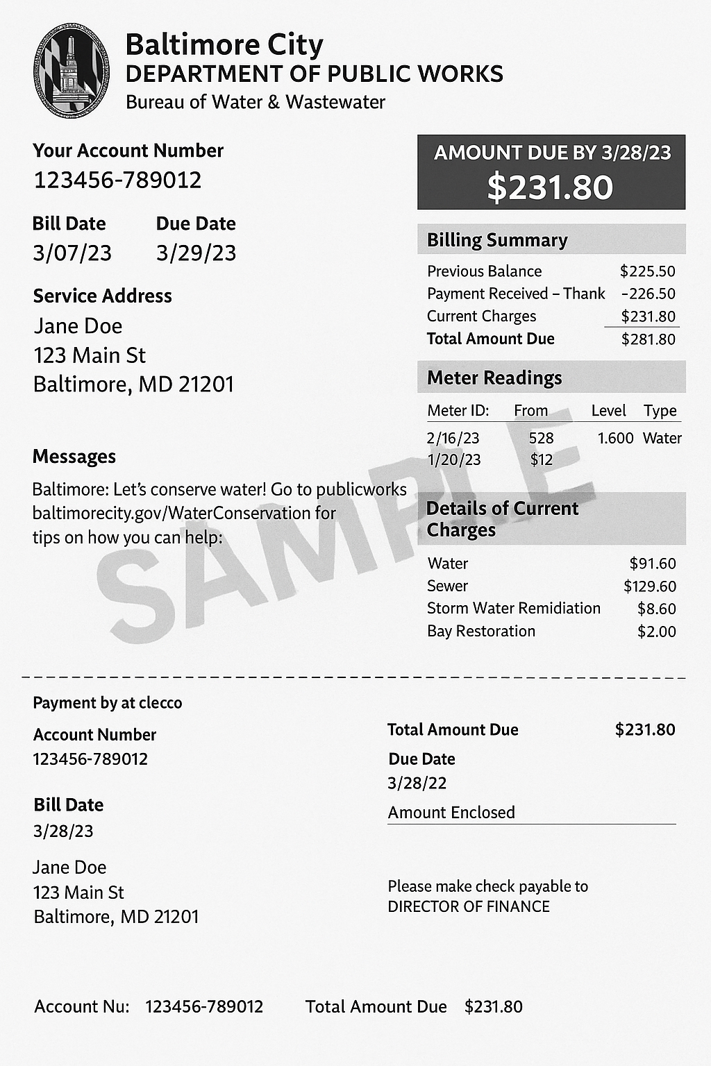 Baltimore water bill template PDF – realistic utility statement for address verification
