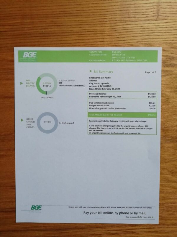 Realistic editable BGE Maryland utility bill mock statement 2025 format