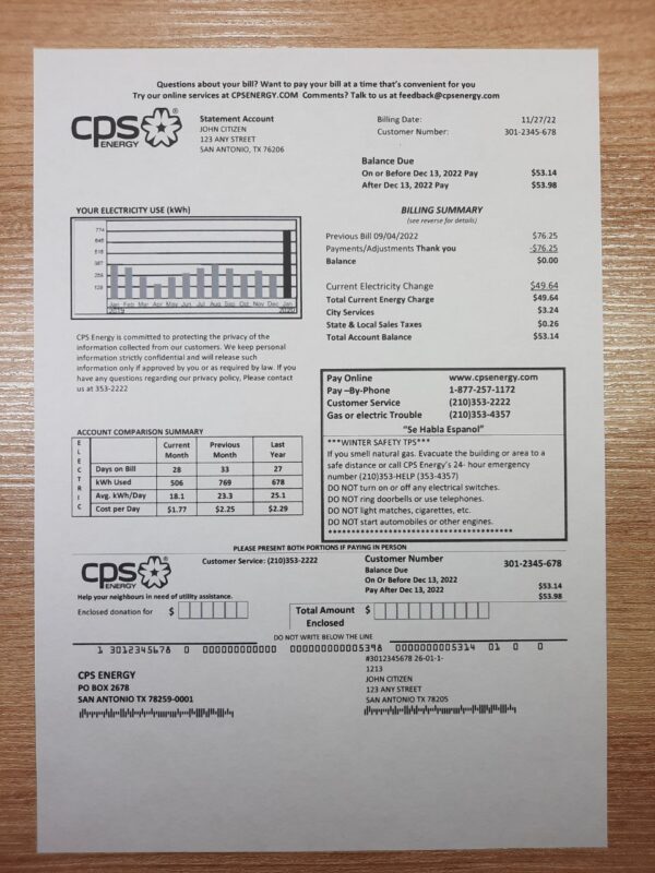 Editable CPS Energy Utility Bill – Texas Electric Sample PDF 2025