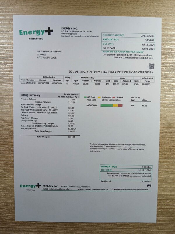 Realistic Energy Plus utility bill Canada electric mock statement for compliance simulation