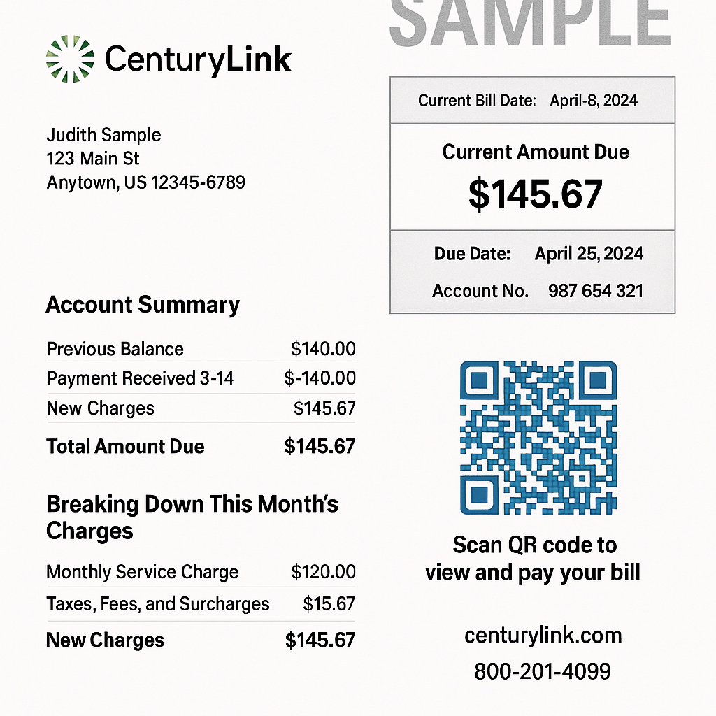 CenturyLink internet bill PDF example – editable broadband utility bill mock version