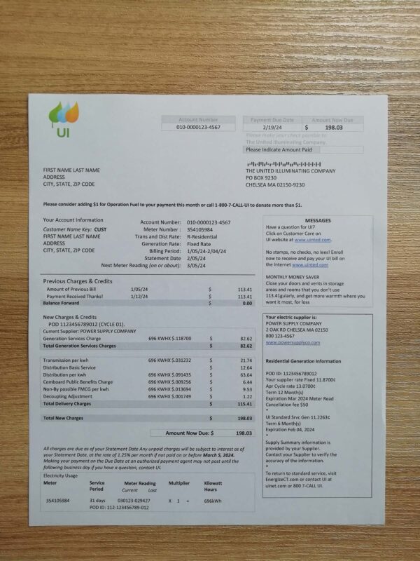 Mock Chelsea UI electric bill Massachusetts utility template sample for verification and onboarding simulation