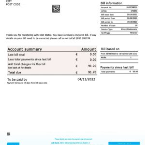 DOMESTIC Water Ireland utility bill template