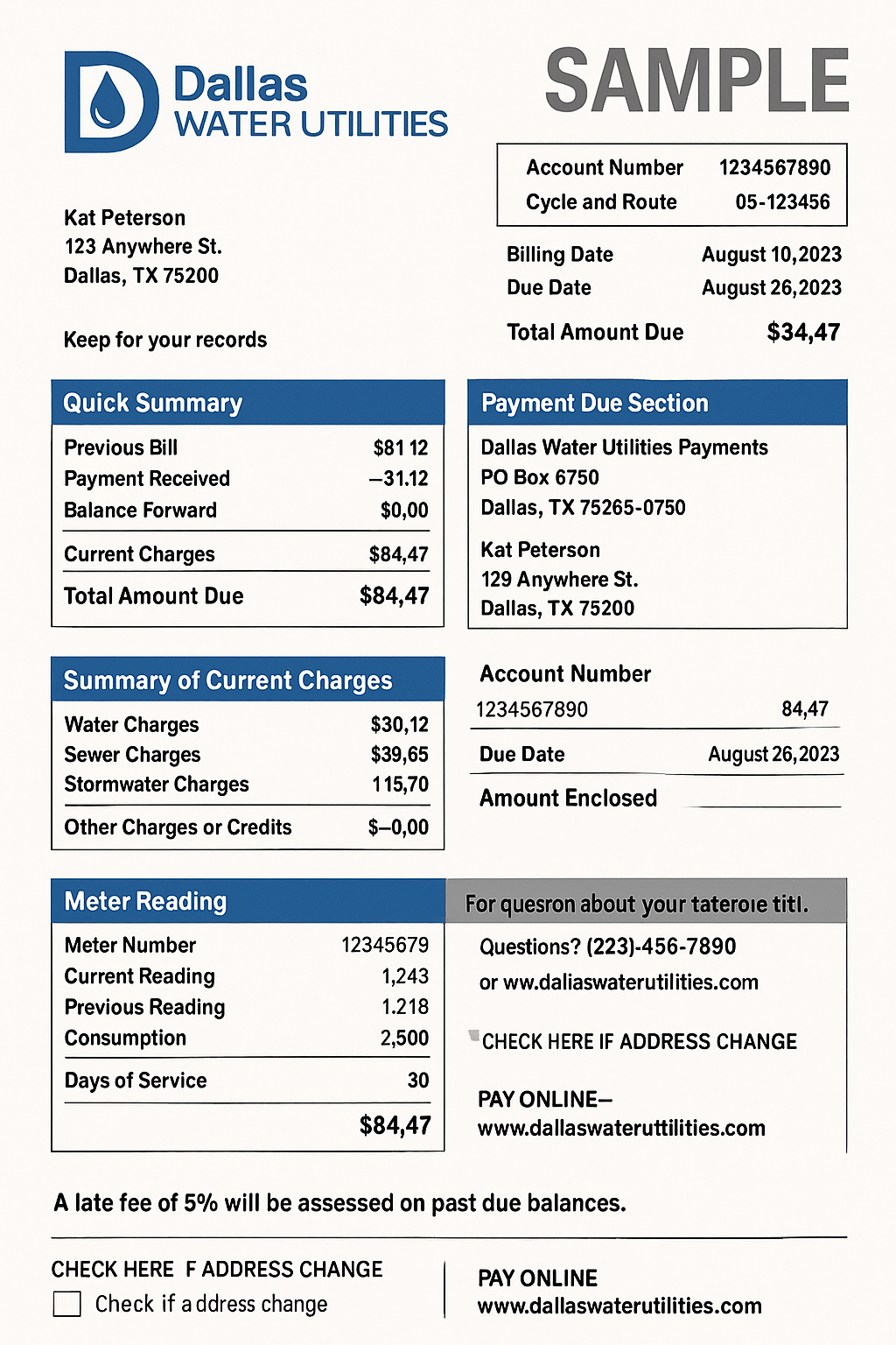 Dallas Water Utilities bill PDF sample – customizable utility statement for verification use