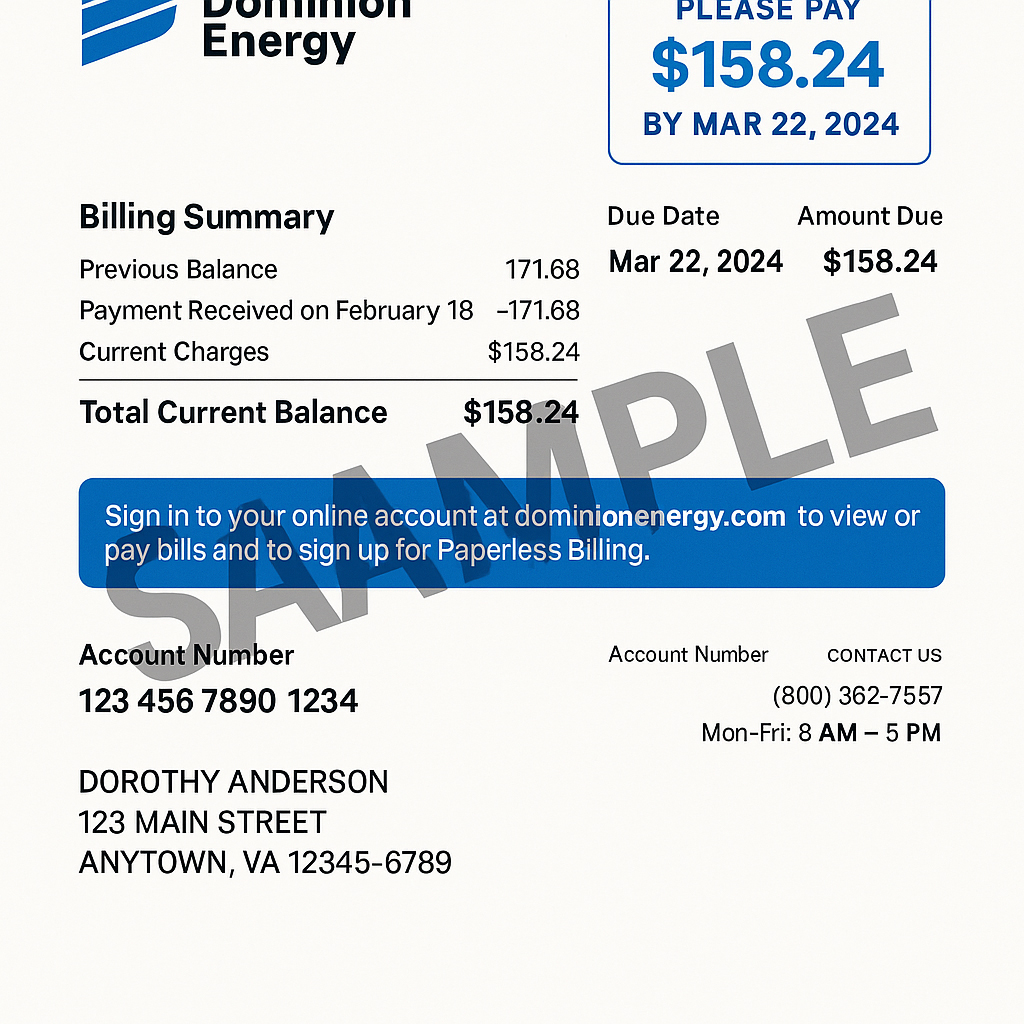 Dominion Energy bill template PDF – customizable electricity statement for verification scenarios