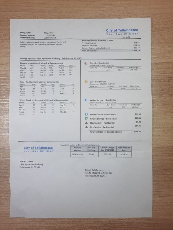 Tallahassee utility bill template water electric gas Florida