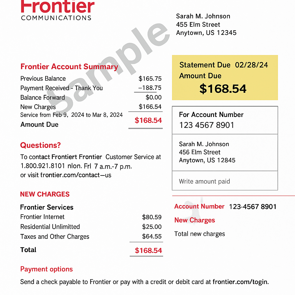 Frontier Communications bill template PDF – editable fixed-line statement.