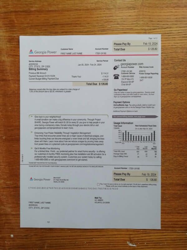 Georgia Power electric utility bill template