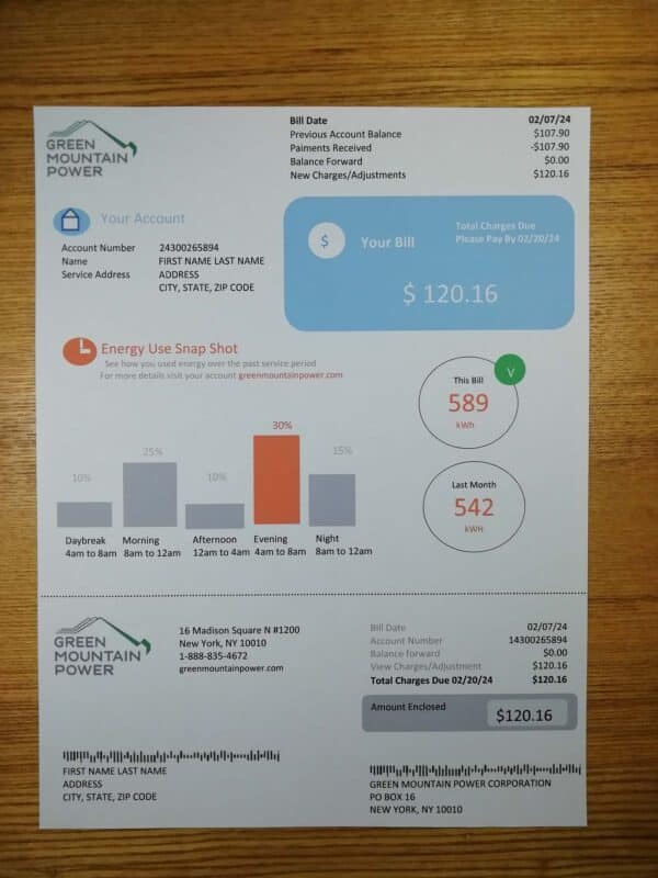 Editable Green Mountain Power Utility Bill Template – Pennsylvania 2025