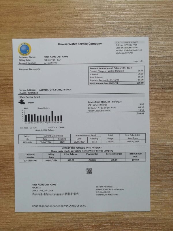Hawaii Water Service Company utility bill Hawaii water template sample statement