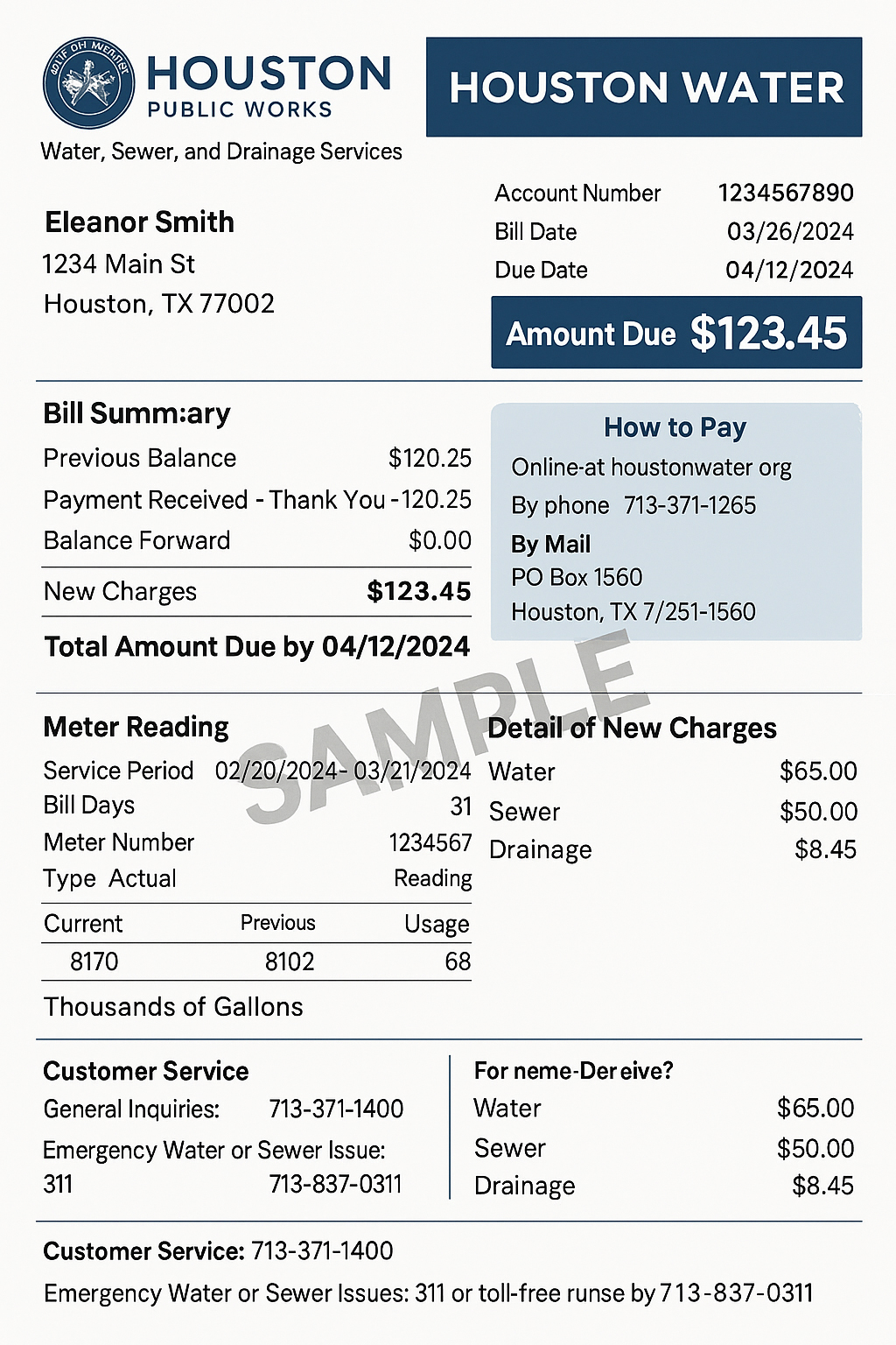 Houston Water bill template PDF – editable utility file for address verification and demo testing