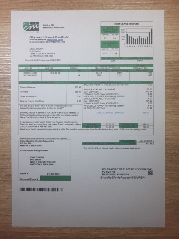 Coles-Moultrie Illinois utility bill template – electric statement 2025 sample