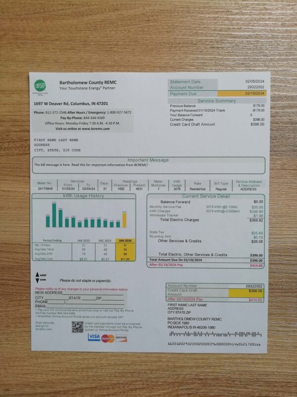 Editable Bartholomew County REMC Indiana electric bill template – sample utility proof document