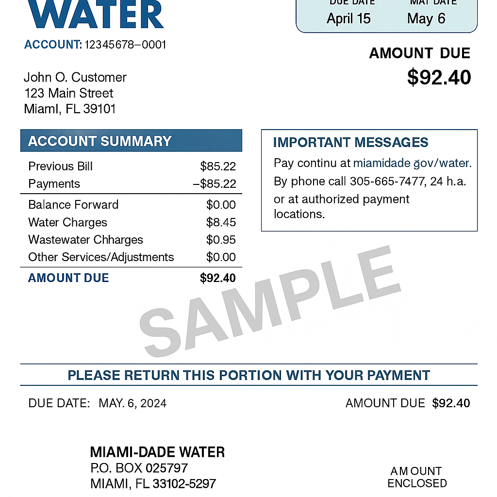 Miami-Dade water bill PDF template – editable statement for address validation and testing workflows