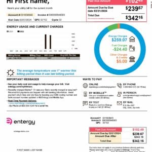 Entergy utility bill template PDF – editable electricity statement sample.