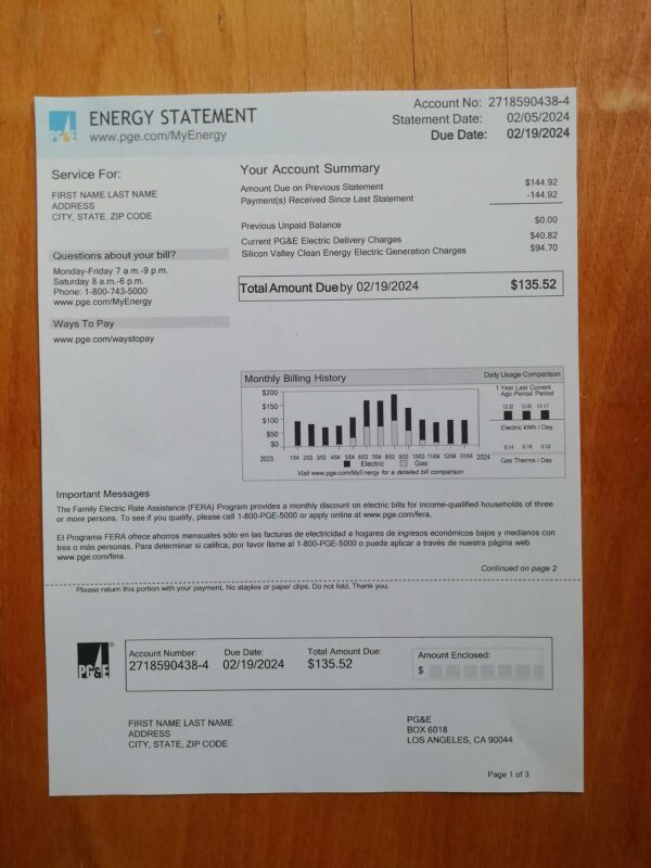 Editable PGE Utility Bill Nevada Sample Electric and Gas 2025
