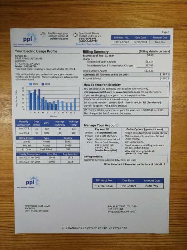Editable PPL Utility Bill Template – Pennsylvania Electric 2025