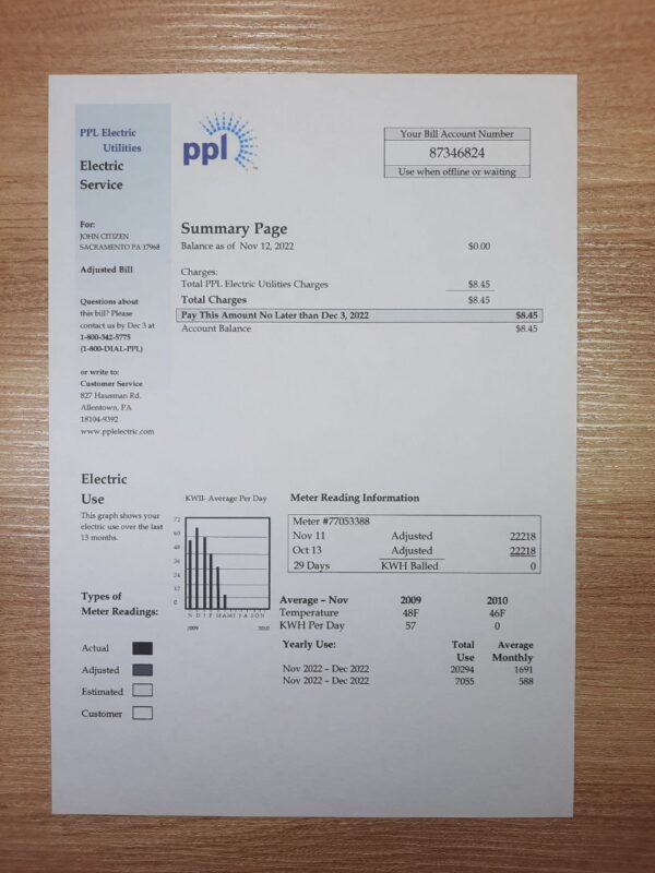 Editable PPL Electric Utility Bill New Jersey 2025