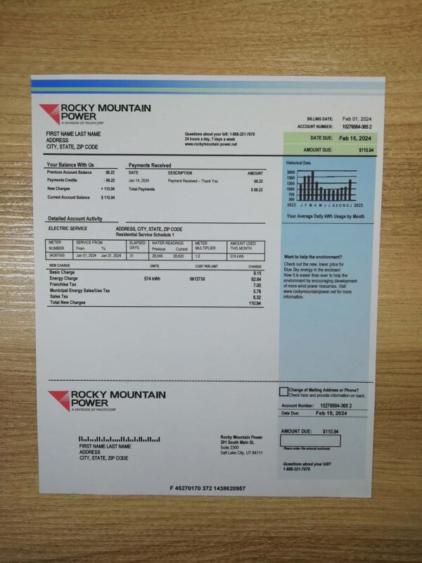 Editable Rocky Mountain Energy Electric Bill Template – Utah Sample Layout