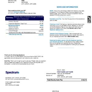 Spectrum utility bill PDF – customizable internet and phone statement template.