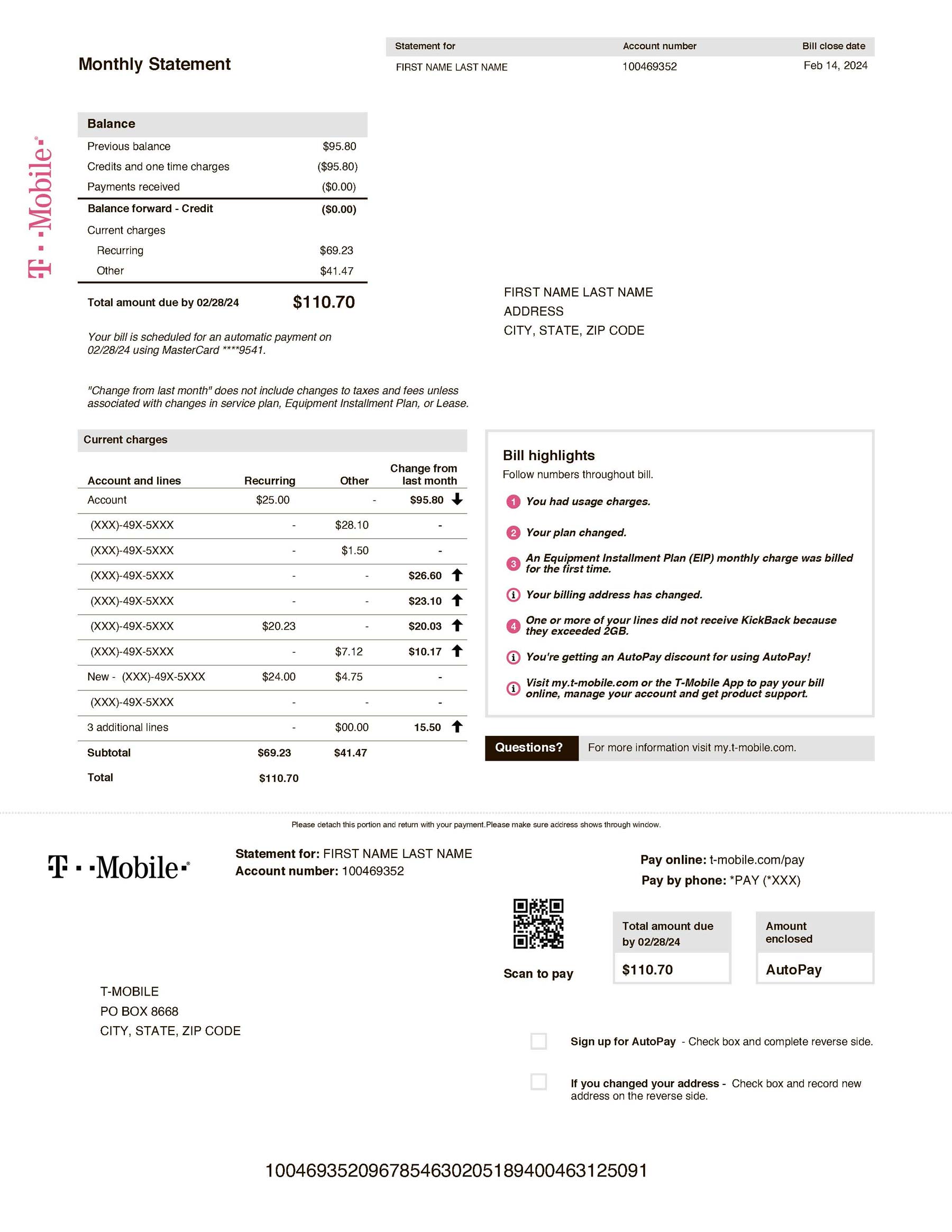 T-Mobile USA bill template PDF – downloadable, editable phone statement for demo or verification