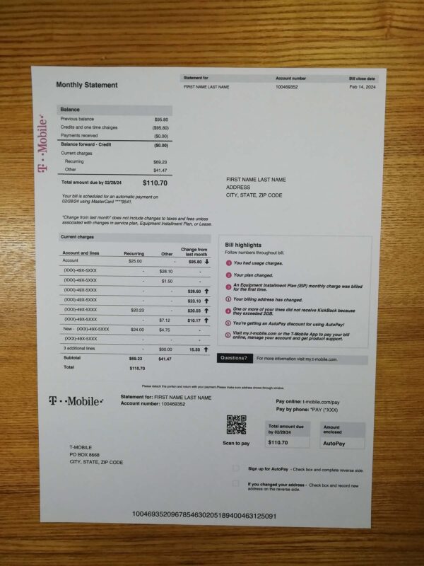T-Mobile Phone Utility Statement Template – Editable US File
