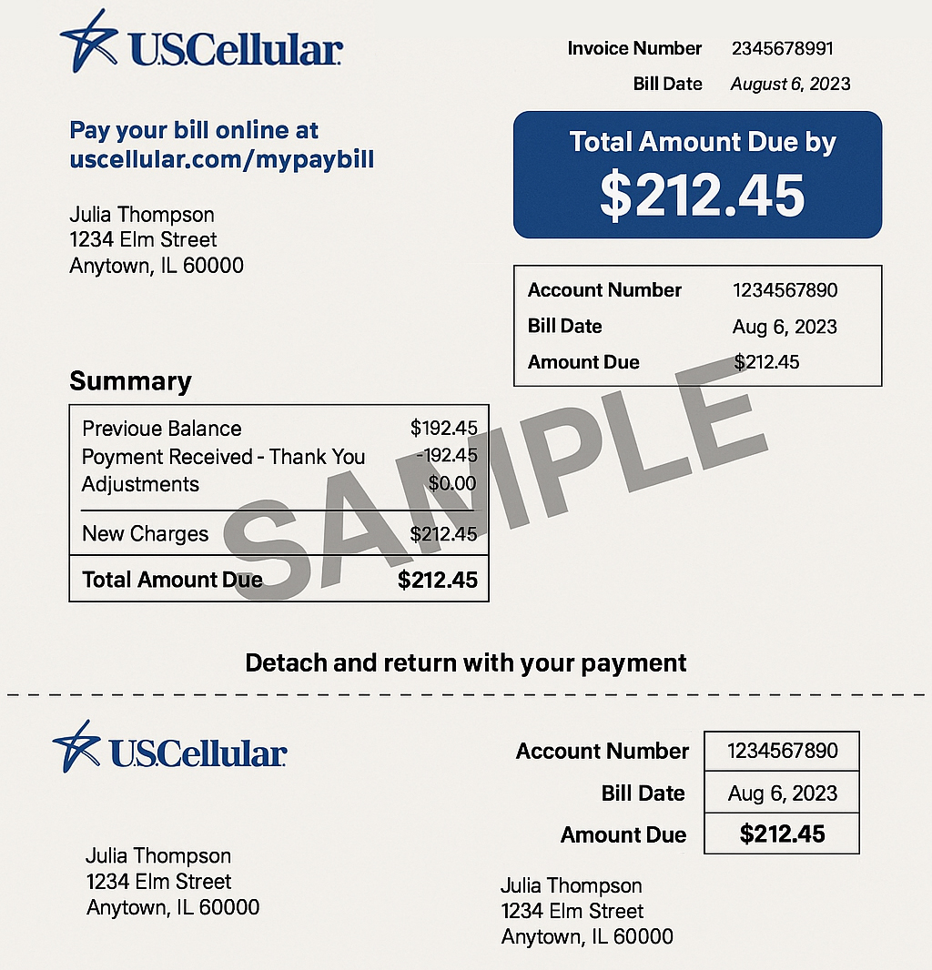 US Cellular bill sample PDF – editable regional phone statement.