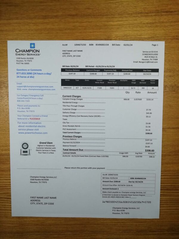 Editable Champion Energy Services Bill Template – Texas 2025 Format