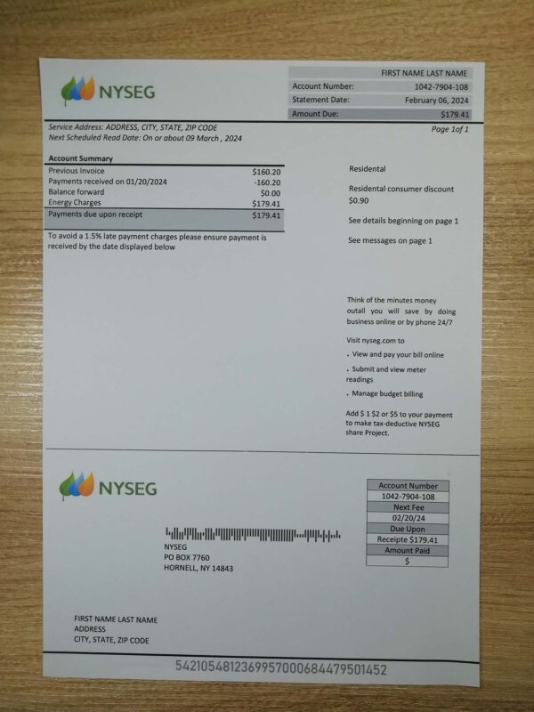 Realistic NYSEG bill Massachusetts utility mock statement for verification flow and billing sample display